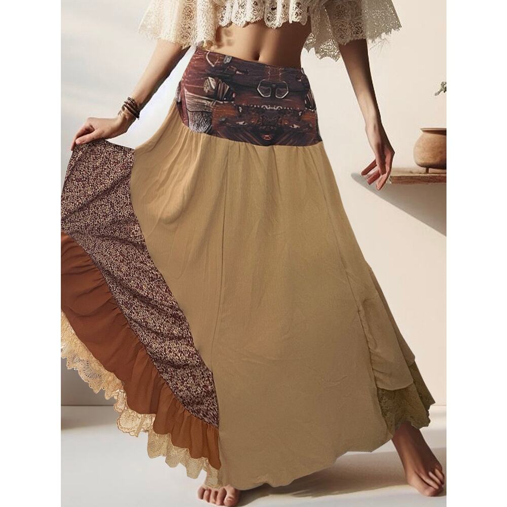 NEW Ursime Boho High Waist Patchwork Lace Layered Flowy Brown Indie Maxi Skirt L